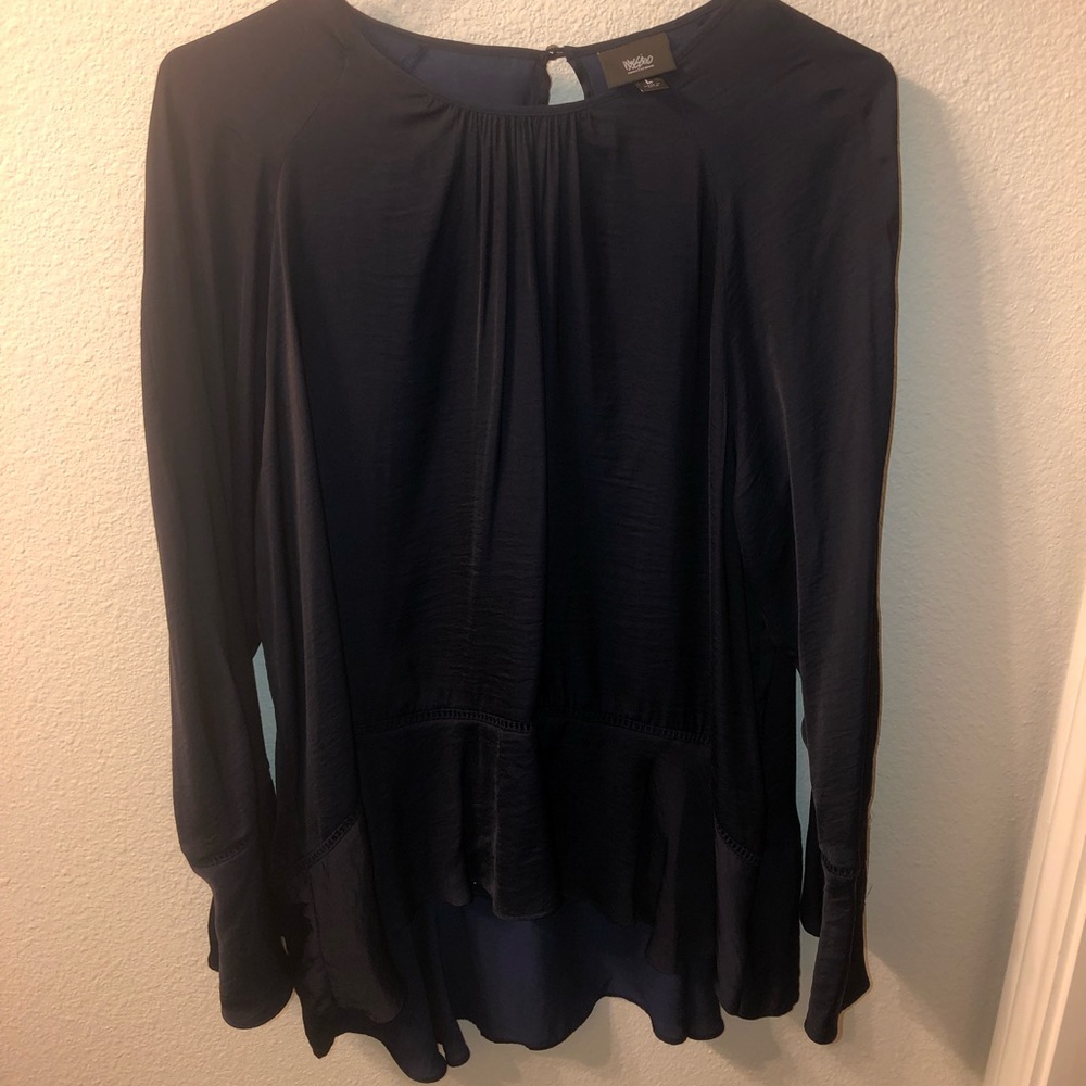 Navy blue ruffled long sleeve blouse